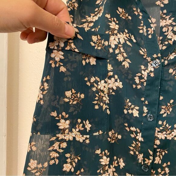 Peace and Pearl dark green micro floral semi sheer button up blouse top plus XXL - Picture 5 of 13